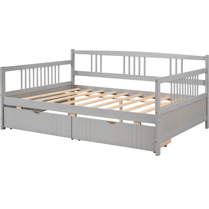 Gray Full Size Daybed With Two Drawers, Made Of Solid Pine Wood Drawers In - For A Comfortable Sleeping Area, Gray