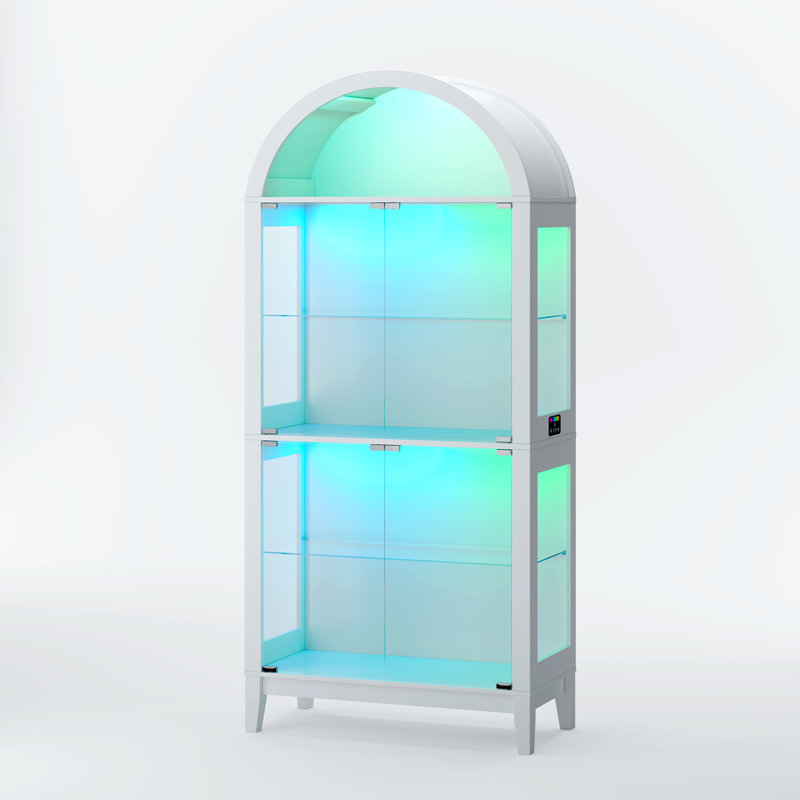 Bibliothèque moderne arquée avec portes en verre trempé et éclairage à DEL RVB contrôlé par une application - vitrine à 5 niveaux