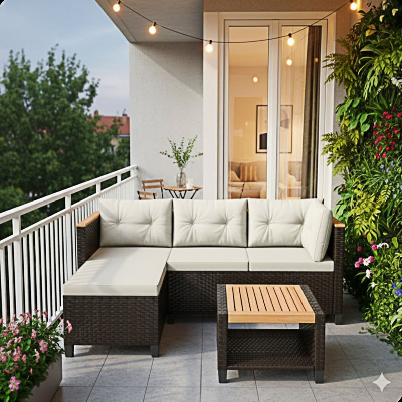 Ensemble de patio en osier 3 pièces en L avec coussins, Beige, Brun