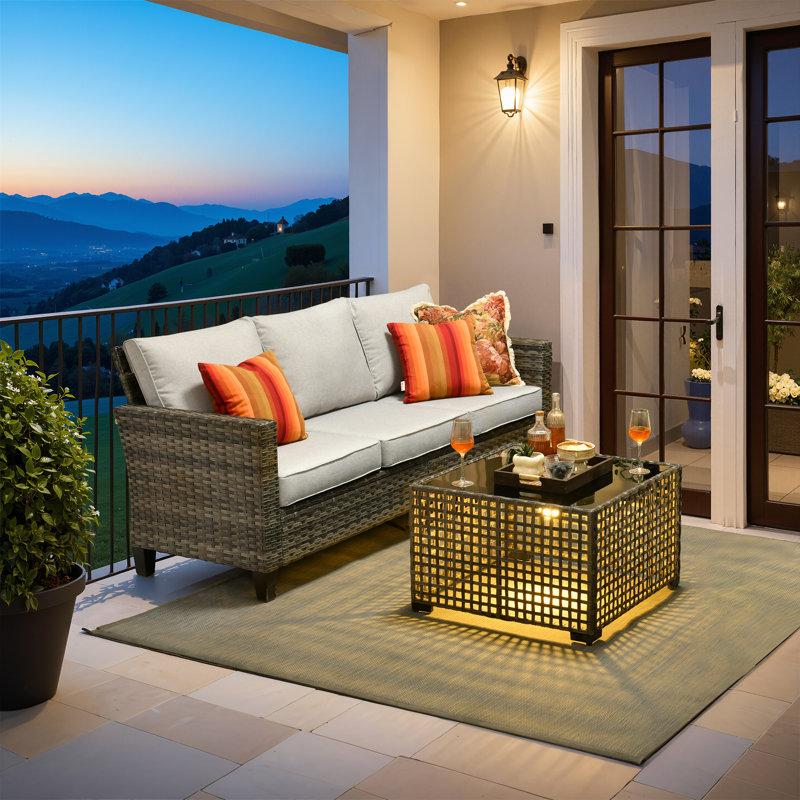 Allcot 76.56'' Wide  All-Weather Wicker Patio Sofa with Lighted Coffee Table and Cushions, Light Gray