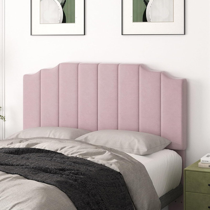 Pink Velvet Upholstered Queen/Full Headboard Only – Wall Mounted, Modern Vertical Channel Design With Curved Tufted Style, Adjustable Bed Compatible