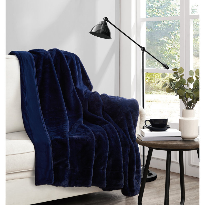 Vince Camuto Faux Rabbit Fur Gift Boxed Throw, Navy Blue