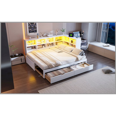 Lit de jour simple TG à très grand avec deux tiroirs de rangement, armoires de rangement à DEL et ports USB, blanc