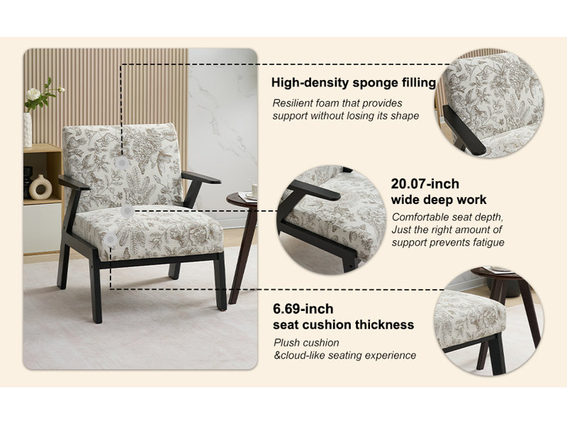 Fauteuil de salon Mid-Century moderne - Coussin de siège - pour le salon, le bureau (beige et gris)