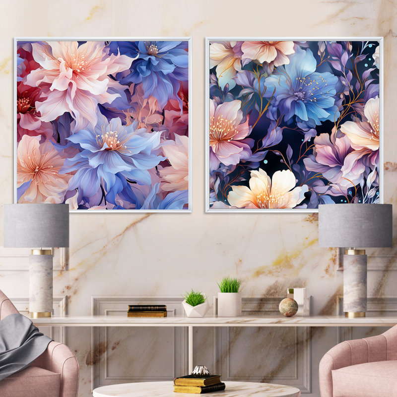 Fondulac - Ensemble de 2 collages carrés floraux, Cadre flottant blanc, H 16 po x l 33 po
