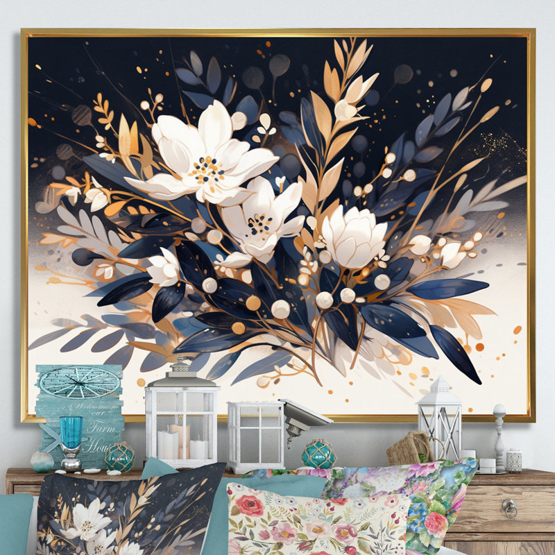 «Blue White Wildflower Meadow», reproduction sur toile, H 34 po x l 44 po x P 1,5 po, Cadre flottant doré