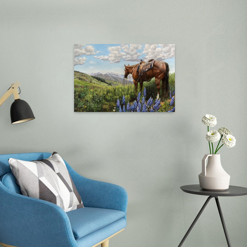 Horse In Mountain Pasture Serene Tranquil Abstract Horse Landscape Mountain Wall Art Print 1 Piece Wrapped Canvas Wall Art