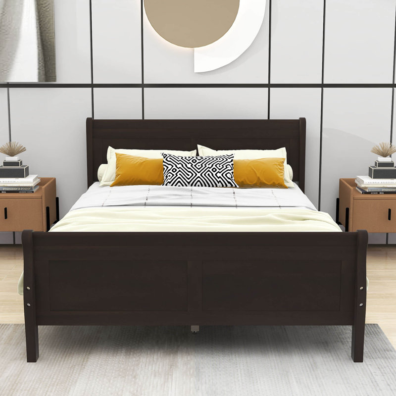 Base de lit plateforme en bois avec tête de lit Dovidio, Espresso, Double