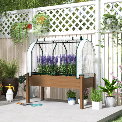 Raised Garden Bed with PE Greenhouse Cover Outdoor Elevated Wood Planter Box for Herbs and Vegetables, Use for Patio, Backyard, Balcony, 48 x 22 x 46 inch