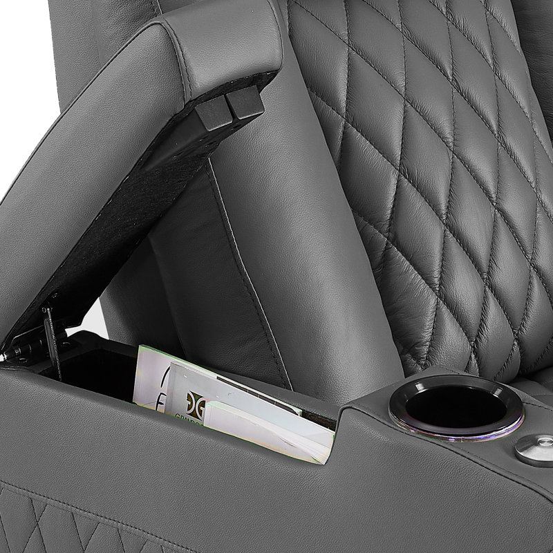 Leather Power Reclining Home Theater Seating with Cup Holder, Gray Genuine Leather
