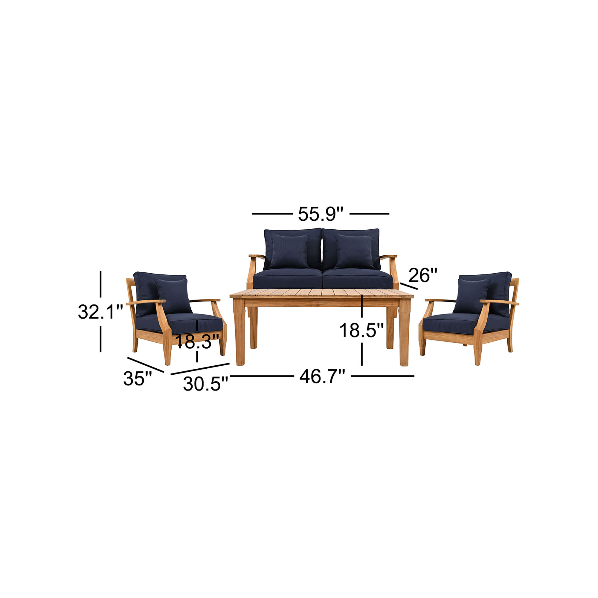 Clairmont 4 Piece Teak Outdoor Conversation Set, Navy