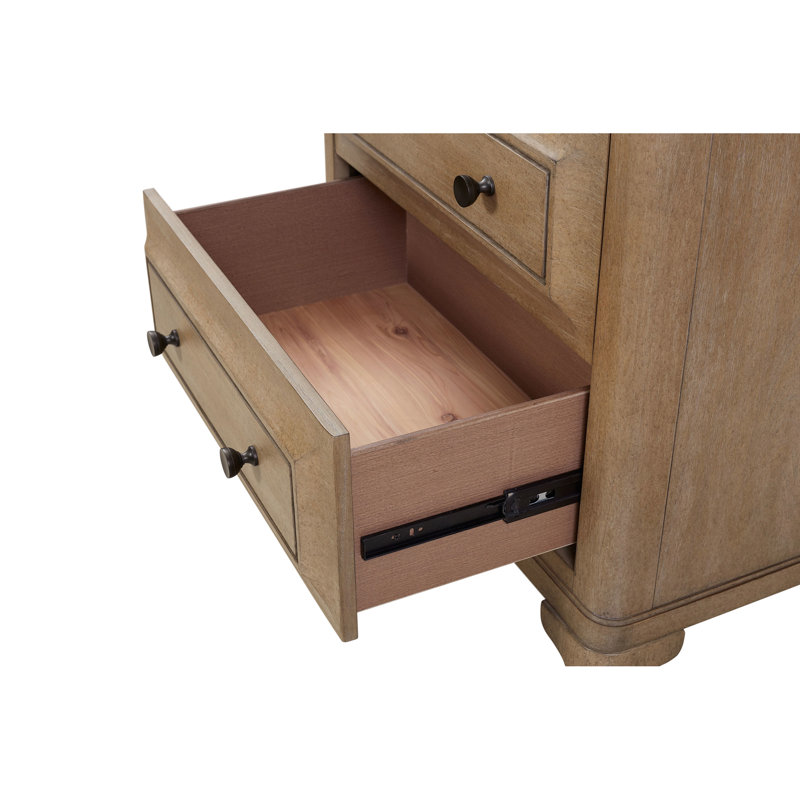 Table de chevet 2 tiroirs au fini sable - Bois massif et, espace supérieur doublé de feutre, tiroir inférieur, quincaillerie sur mesure, tiroirs de couleur, charge, construction