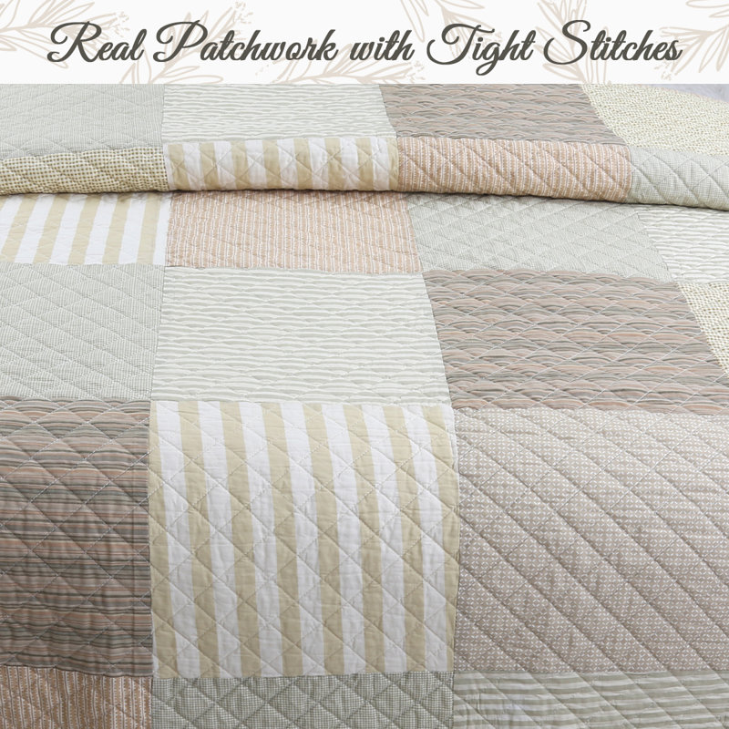 Queen Brown Cotton Reversible Patchwork Quilt Set