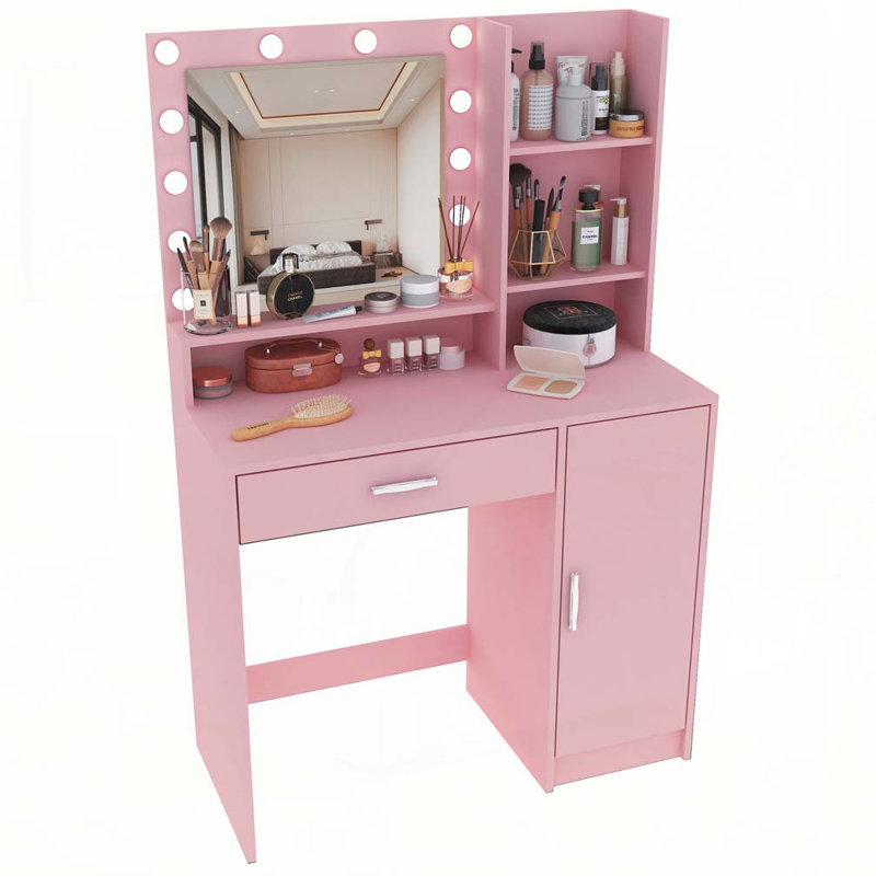 Bureau de coiffeuse avec miroir et lumière, commode de rangement à trois niveaux avec grand tiroir, 3 modes d'éclairage à luminosité réglable, coiffeuse de chambre à coucher (rose)