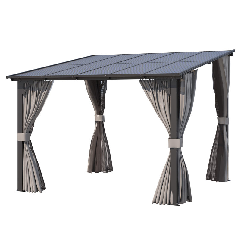 Wall-Mounted Lean To Pergola Gazebo With Curtains And Netting, 96" H x 121" W x 121" D