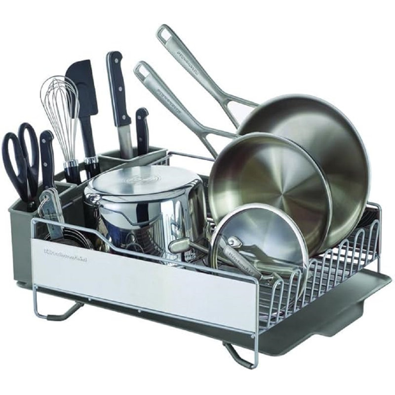 Large Capacity Full Size Rust Resistant Dish Rack With Angled Drain Board And Removable Flatware Caddy, Light Grey