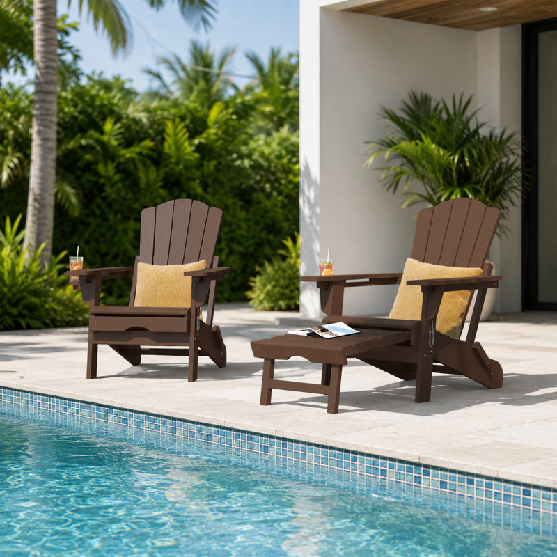 Brown Outdoor HDPE Folding Adirondack Chair with Retractable Ottoman and Cup Holder (Set of 2), Brown