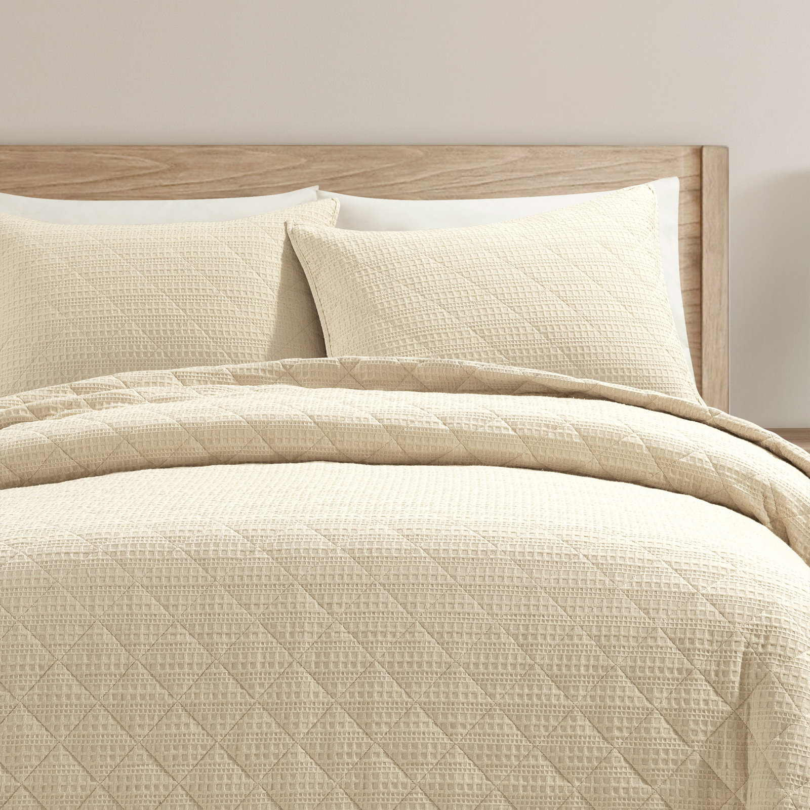 Haniya Solid Waffle Cotton Quilt Set, Beige, King Quilt + 2 King Shams