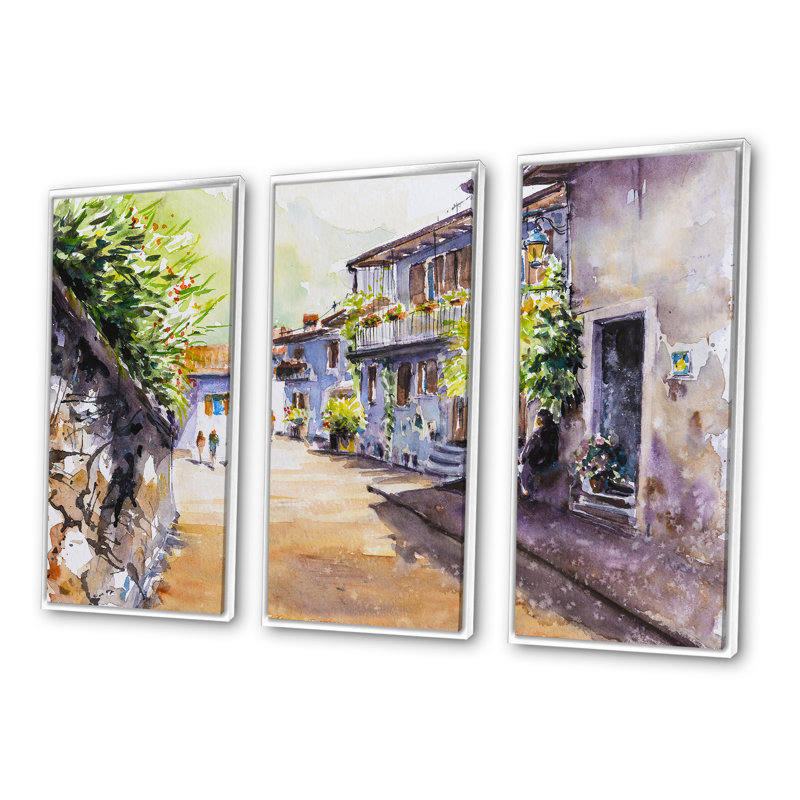 Vue rétro de la vieille Europe II - ensemble d'art mural rétro sur toile, encadré de 3, H 28 po x l 36 po x P 1 po, Blanc
