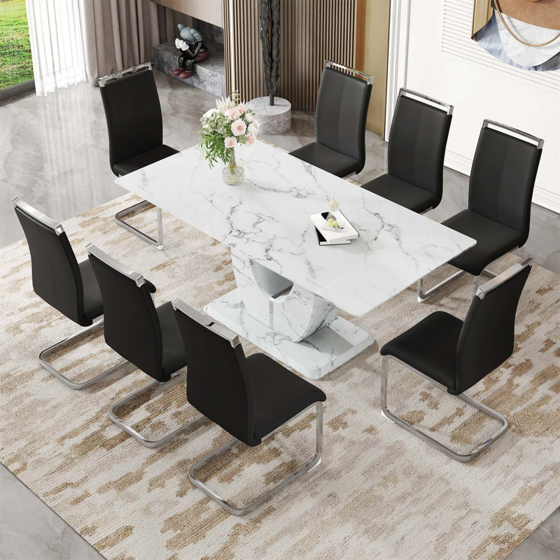 Ensemble de table et de chaises Willistine, ensemble de salle à manger moderne simple en marbre avec chaises en polyuréthane, autocollant en marbre, plateau de table en verre trempé, avec pieds de chaise arqués en métal