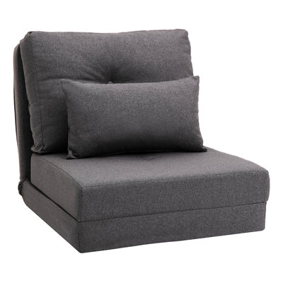 Dark Gray 21 Floor Repose , 5-Level Adjustable . Transform Into & Bed. Comfort 105 - 180. 2 Pillows For Added Coziness. Stable Steel Frame. Space Saving Style. Linen Finish. 23.5" W X 31.5" D 22" H.