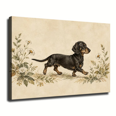 Black Dachshund Walking Minimalist Dog Illustration Canvas Wall Art