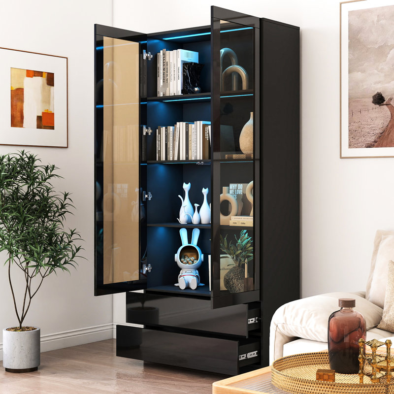 Bibliothèque noire avec lumières à DEL, 4 tablettes, 2 tiroirs et portes en verre pour le rangement d'étude - portes éclairées, étagère de chambre à coucher