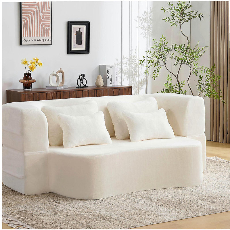 Grand canapé moderne blanc sur pied avec 4 coussins, canapé futon en tissu moelleux, matelas pliant en mousse haute densité pour le salon, les invités, la chambre à coucher, aucun assemblage requis