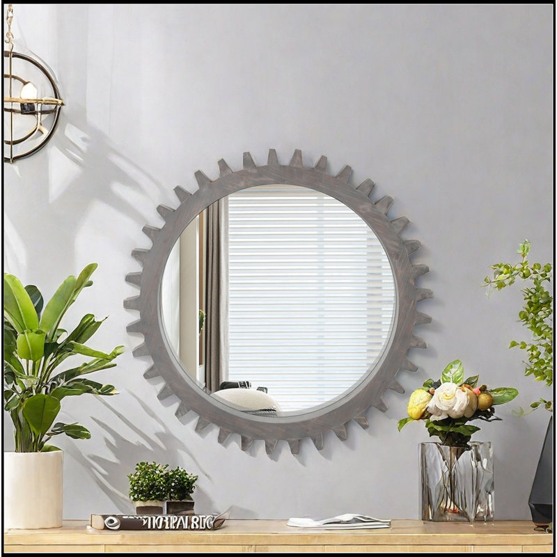 Vintage Wood Round Hanging Gear Shape Heavy Decorative Mirror For Bathroom Living Room Entryway Or Put Together To Your Liking