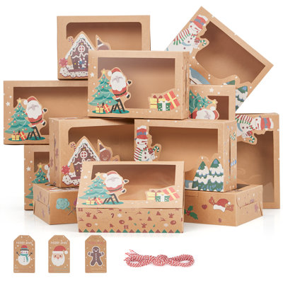Paquet de 12 boîtes à biscuits de Noël avec fenêtre pour offrir des cadeaux, boîtes de gâteries de Noël, boîtes de cadeau de Noël avec cordes et étiquettes de bricolage, pâtisserie, bonbon, cadeaux