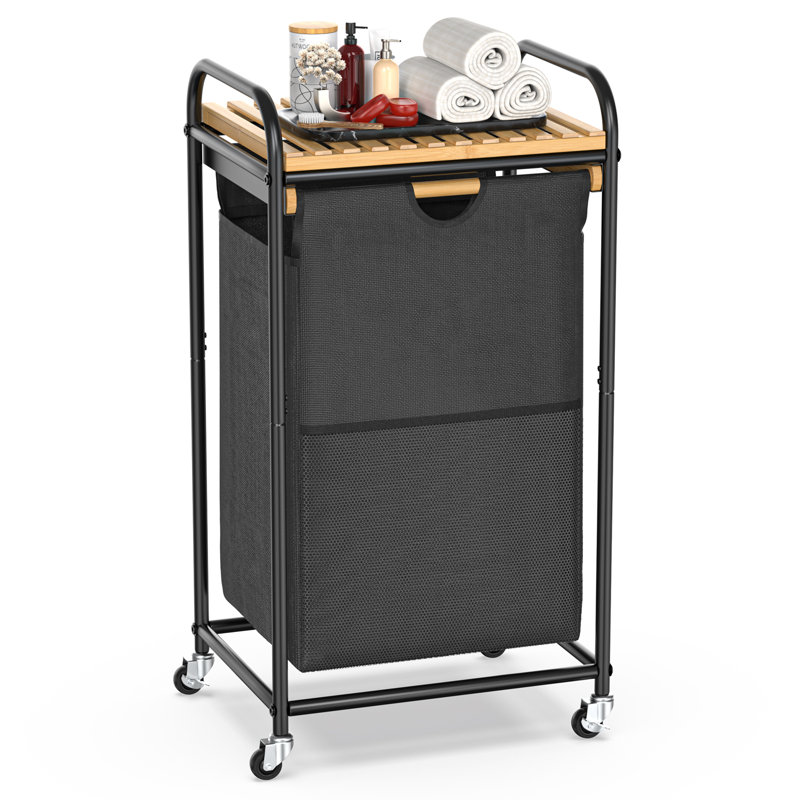 Jamil Laundry Hampers 1 Section with Rolling Wheels & Pull-out Bag, Bamboo Laundry Sorter for Laundry Room Bathroom