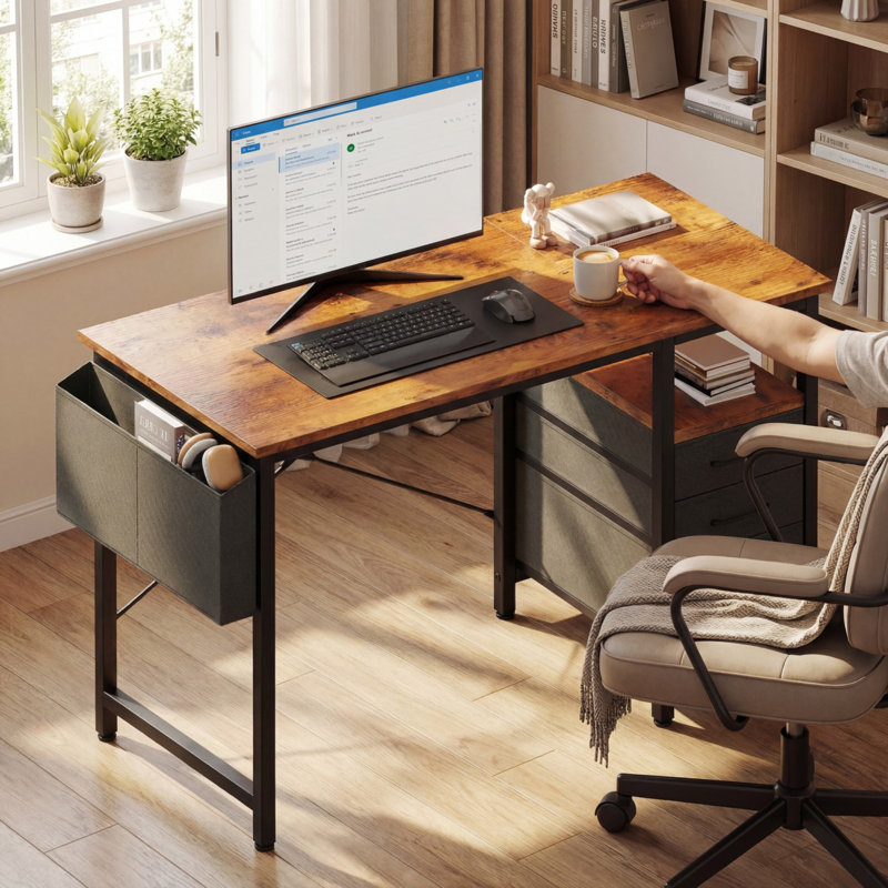 Petit bureau à domicile avec 3 tiroirs en tissu, bureau d'étude avec sac de rangement latéral pour la chambre à coucher