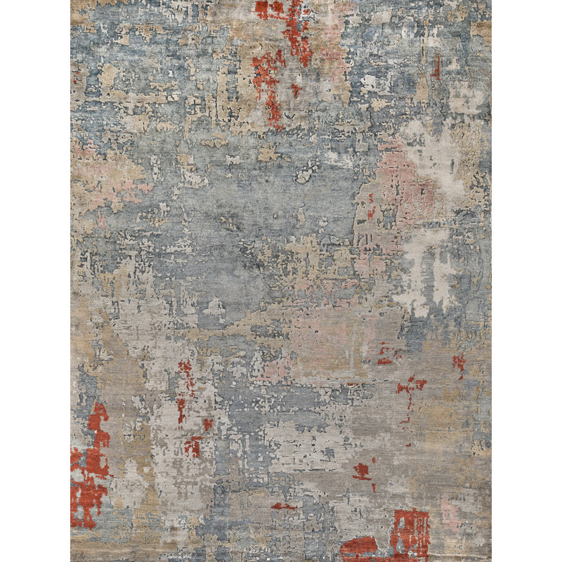 Laureno Hand Knotted Silk Abstract Area Rug in Blue, Rectangle 8' x 10'