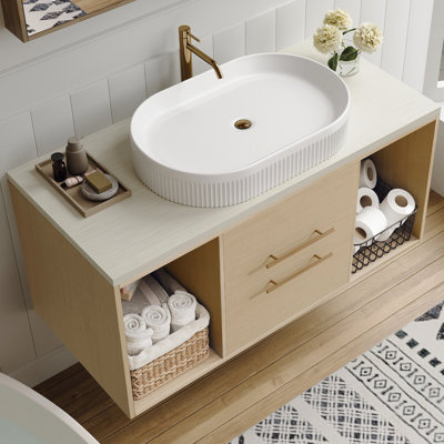 Meuble-lavabo mural de luxe de 100 cm (39,3 po) avec lavabo ovale en céramique, comptoir en bois massif multicouche et fixation stable. Style moderne avec tablette ouverte.