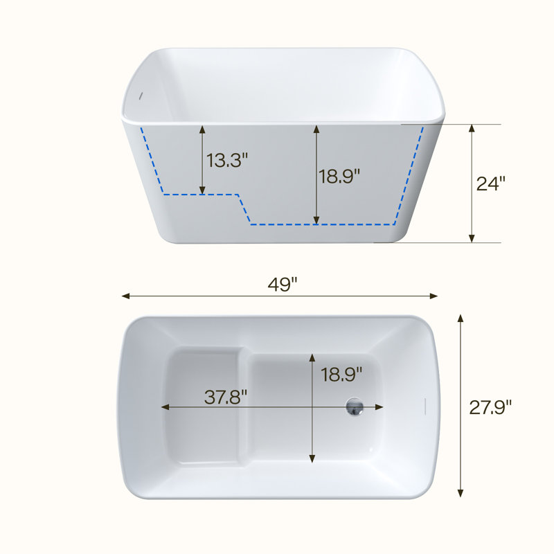 49" x 27.9" Acrylic Freestanding Soaking Bathtub, Double-Walled Insulation, Matte Drain & Overflow, Easy Install, Modern Bathroom Tub, All White