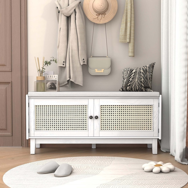 Boho Rattan Entryway Bench With Storage, Cushioned Shoe Organizer For Hallways And Living Rooms, White And Beige, Beige/White