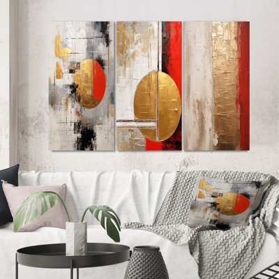 "Pleine lune rédempte abstraite or et rouge II" 3 pièces sur toile