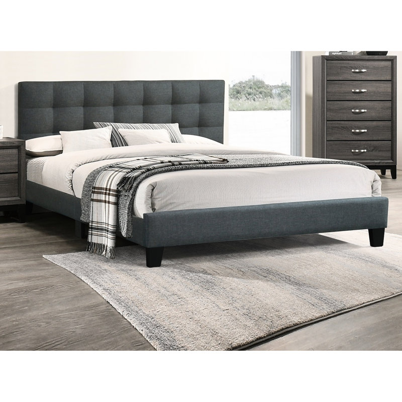 Lit pour grand lit avec tête de lit en polyfibre et plateforme en bois gris anthracite, Grand lit, Gris anthracite