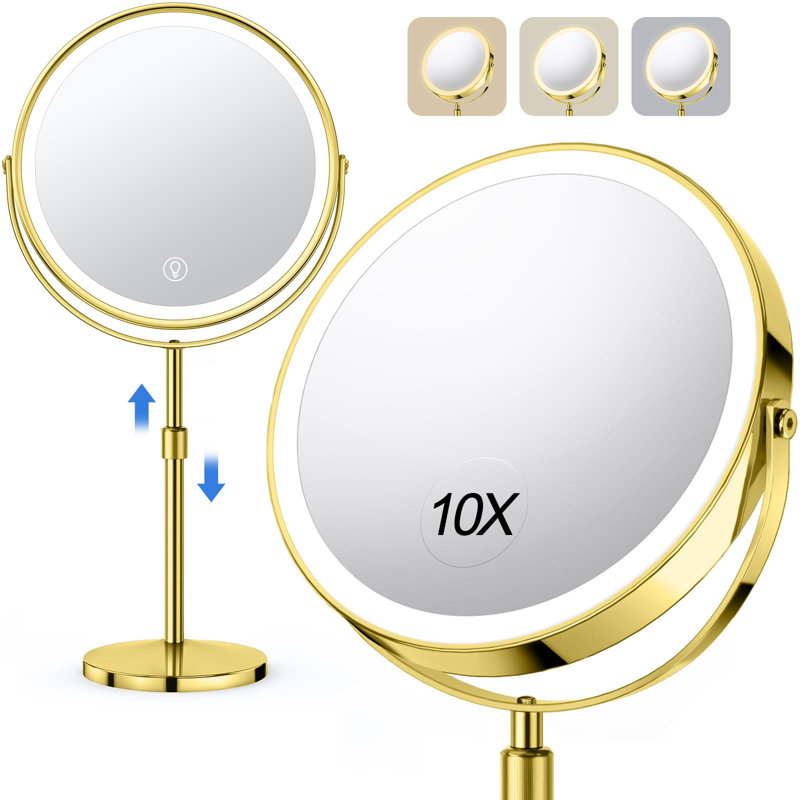 Lighted Makeup Mirror, Rechargeable Height Adjustable Double Sided, 1X/10X Magnifying With 3 Color, 360° Rotation Vanity