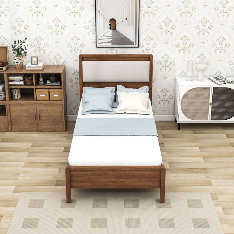 Wood Bed with Soft Upholstered Headboard and Spacious Underbed Storage, Twin XL, Brown