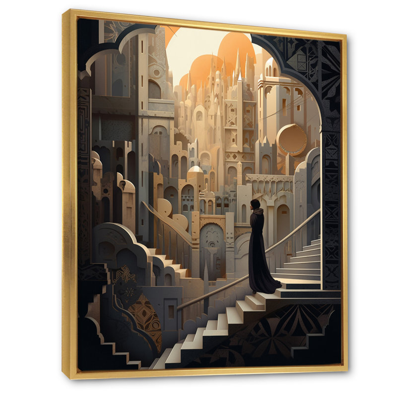 Arabic City V - Surrealism Landscape Canvas Wall Art, 20'' H x 12'' W x 1" D, Gold Floater Framed
