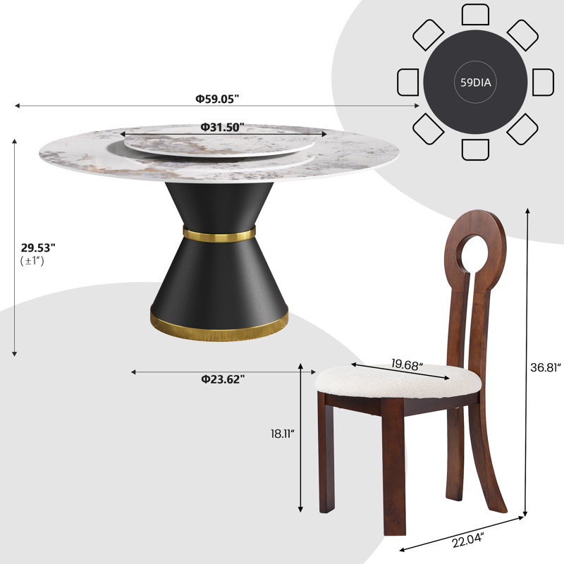 8 Seat Modern Round Sintered Stone Dining Table With Rotating Tray,modern Key-shaped Dining Chairs, Pandora