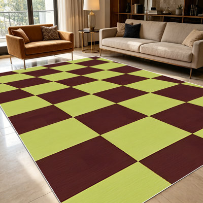 Tapis à damier marron foncé et vert lime déformés de 1 pièce pour le salon, doux et confortable, convenant à toutes les saisons, facile à entretenir, tapis de sol intérieur lavable à la machine, sous la table de ferme convenant à la salle à manger, à la chambre à coucher ...