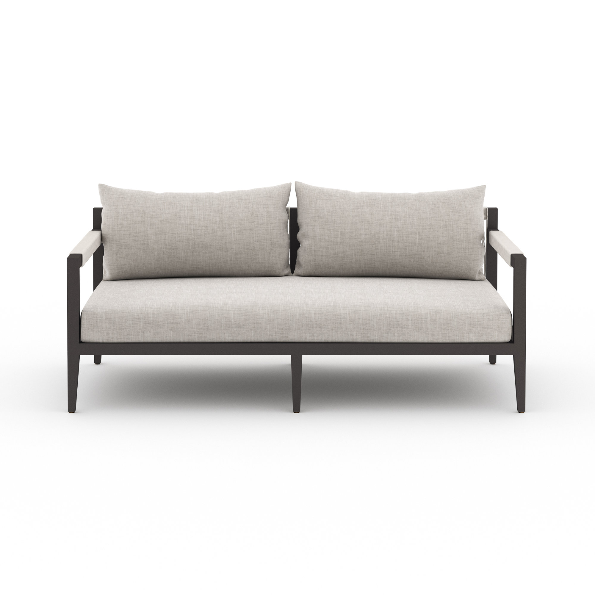 Kristine 63'' Wide Loveseat with Cushions, Weathered Gray, Stone Gray Cushion/Bronze/White Frame