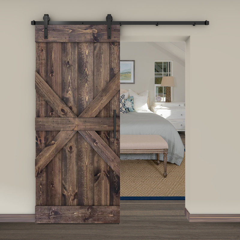 Porte de grange lambrissée peinte en bois et en métal avec trousse de quincaillerie d'installation, Brun foncé, 24 po x 84 po