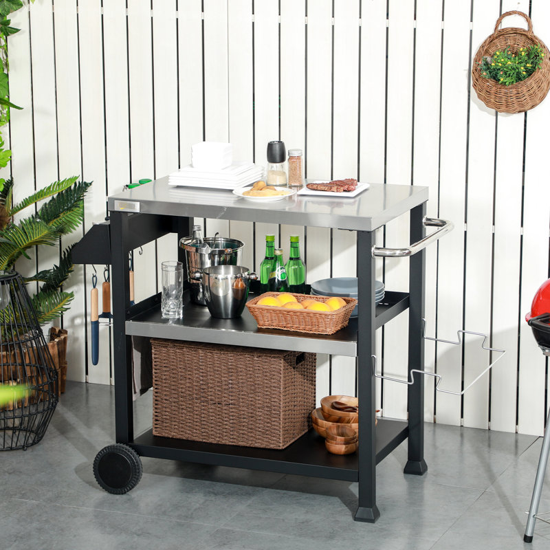 Chariot de cuisine d'extérieur à 3 tablettes, table en acier inoxydable, tablette L 28,25 po x l 19,75 po, plateau mobile noir, 32 po x 20,5 po, avec porte-poubelle