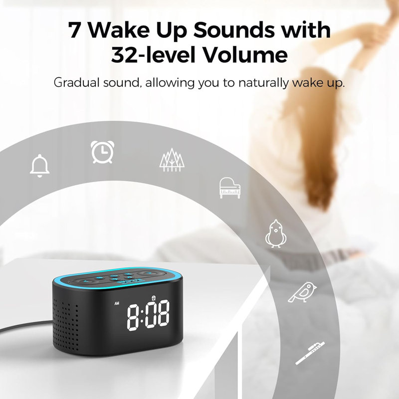 Digital Alarm Clock & White Noise Sound Machine 21 Soothing Sounds 7 Wake Up Sounds 8 Night Lights 32-Level Volume 9 Sleep Timer, Memory Function