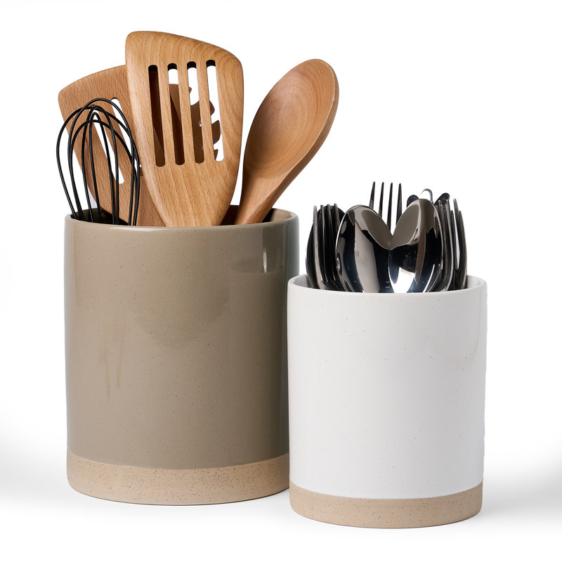 Latitude Run® Stoneware Utensil Crock (Set of 2), Cinnamon Brown/White