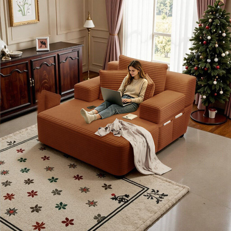 Ensemble de chaise longue surdimensionnée en velours côtelé moelleux avec rangement et canapé-lit convertible, Orange, 2