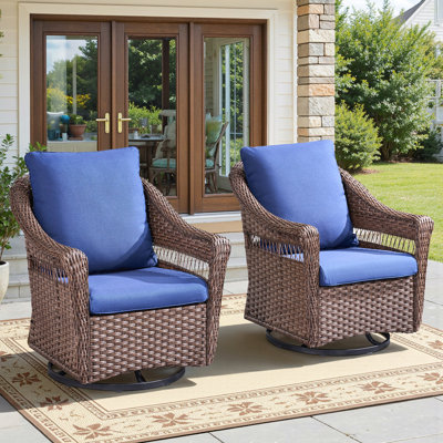 Outdoor Swivel Rocking Wicker Chairs Set Of 2, PE Rattan Patio Glider Chairs With Blue Cushions For Porch Or Backyard